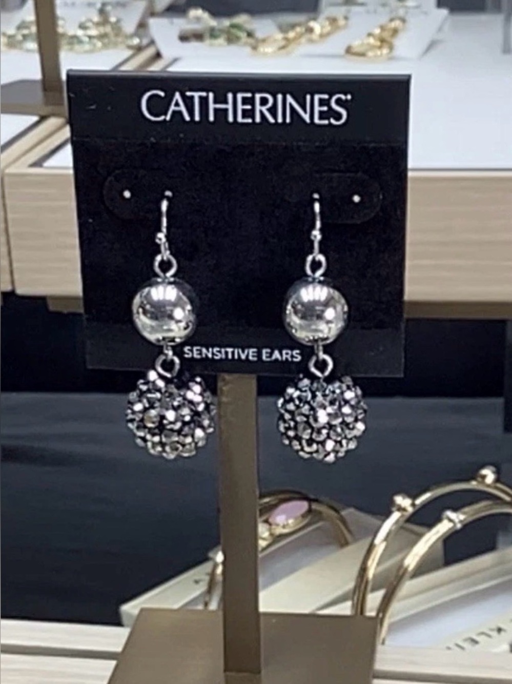 Catherines Two Silvertone Ball Shiny & Rhinestone Drop Dangle Earrings NWT